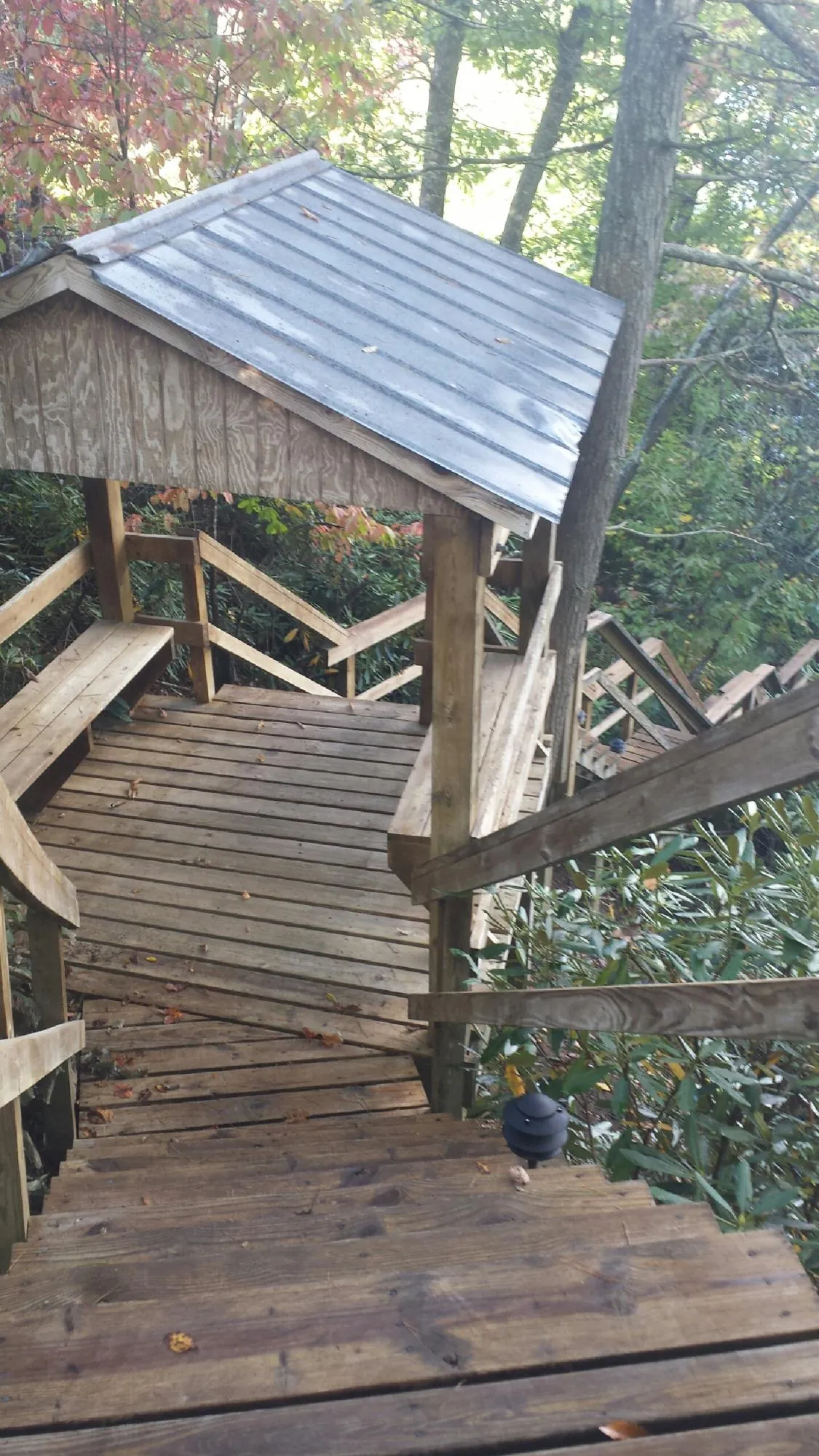 Metal roofed shelter over wooden steps on a wooded walkway — Skylight Repair & Installation work by our crew in Dry Branch